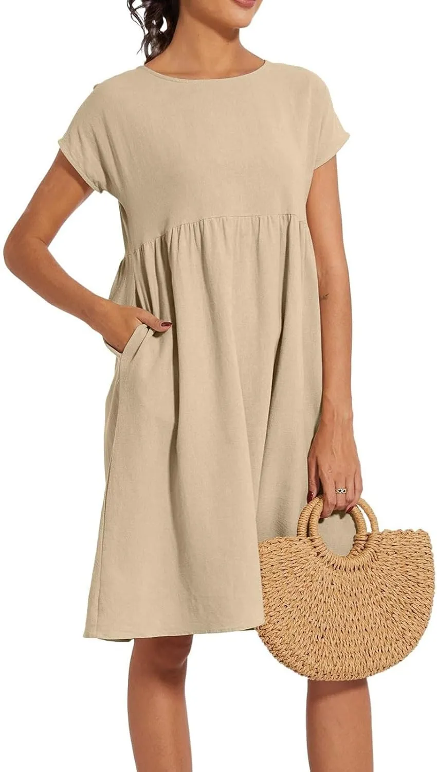 Linen Dresses for Women 2025 Summer Cotton Short Sleeve Crewneck Midi Dress Casual Loose Flowy Beach Sundresses with Pockets