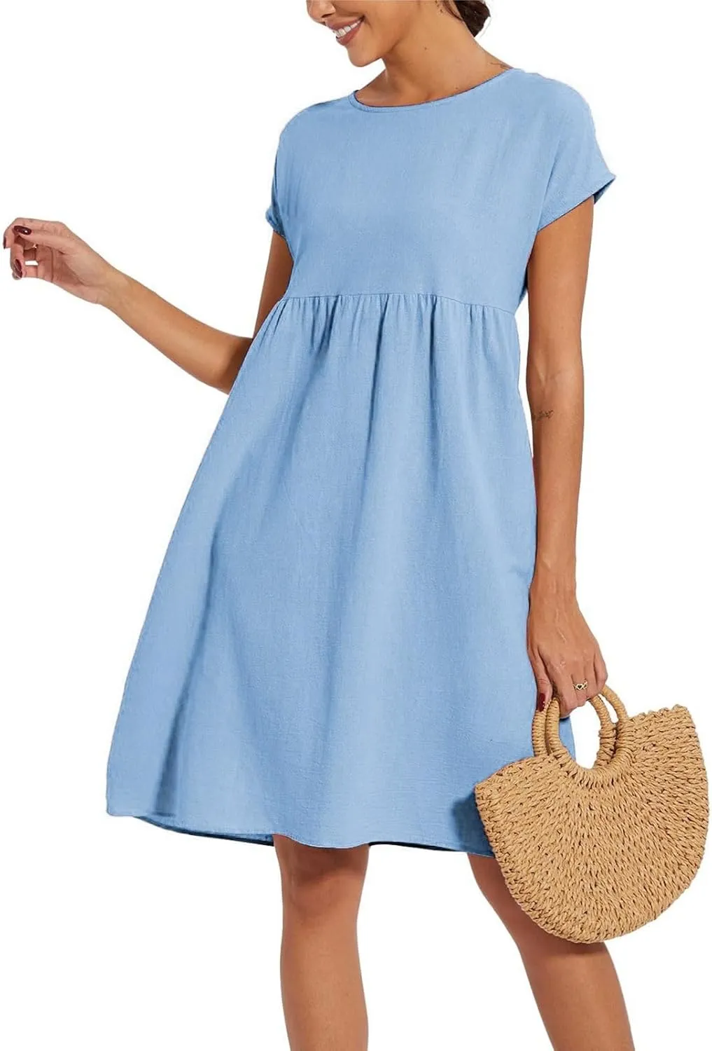Linen Dresses for Women 2025 Summer Cotton Short Sleeve Crewneck Midi Dress Casual Loose Flowy Beach Sundresses with Pockets