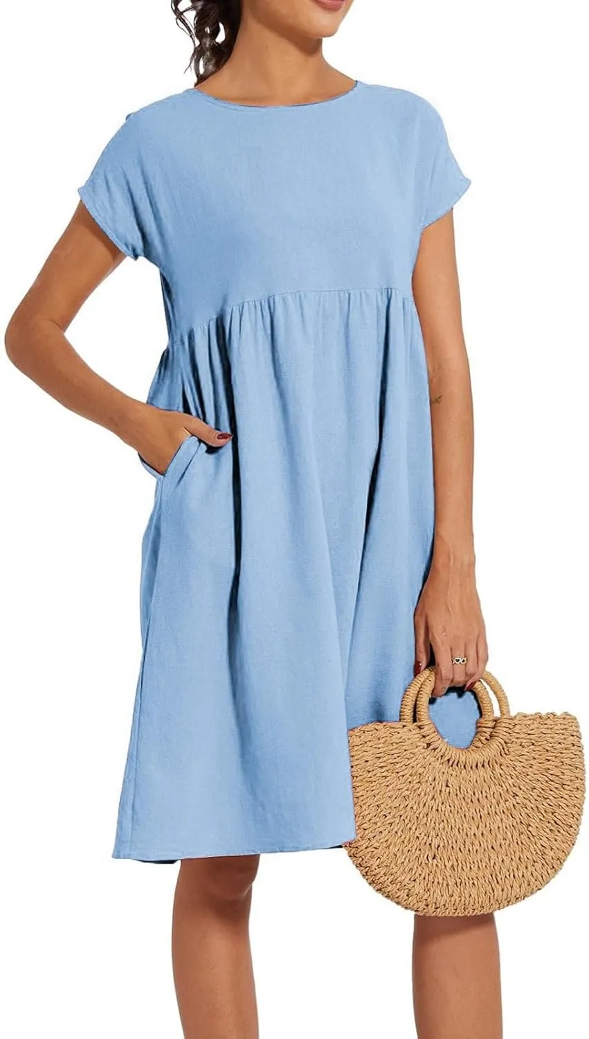 Linen Dresses for Women 2025 Summer Cotton Short Sleeve Crewneck Midi Dress Casual Loose Flowy Beach Sundresses with Pockets