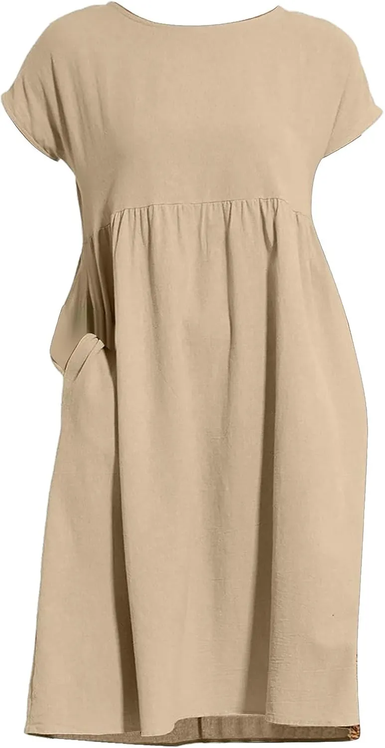 Linen Dresses for Women 2025 Summer Cotton Short Sleeve Crewneck Midi Dress Casual Loose Flowy Beach Sundresses with Pockets