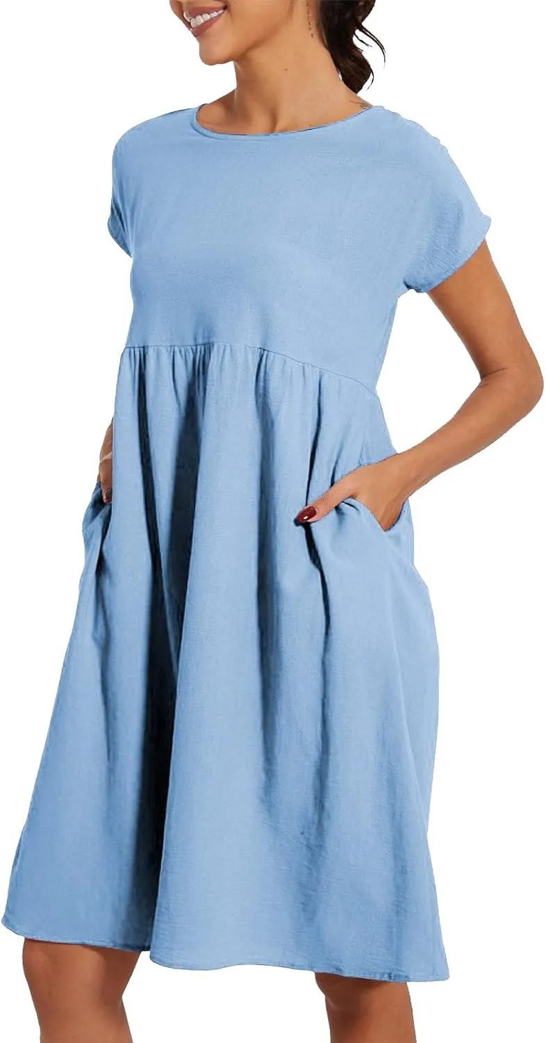 Linen Dresses for Women 2025 Summer Cotton Short Sleeve Crewneck Midi Dress Casual Loose Flowy Beach Sundresses with Pockets