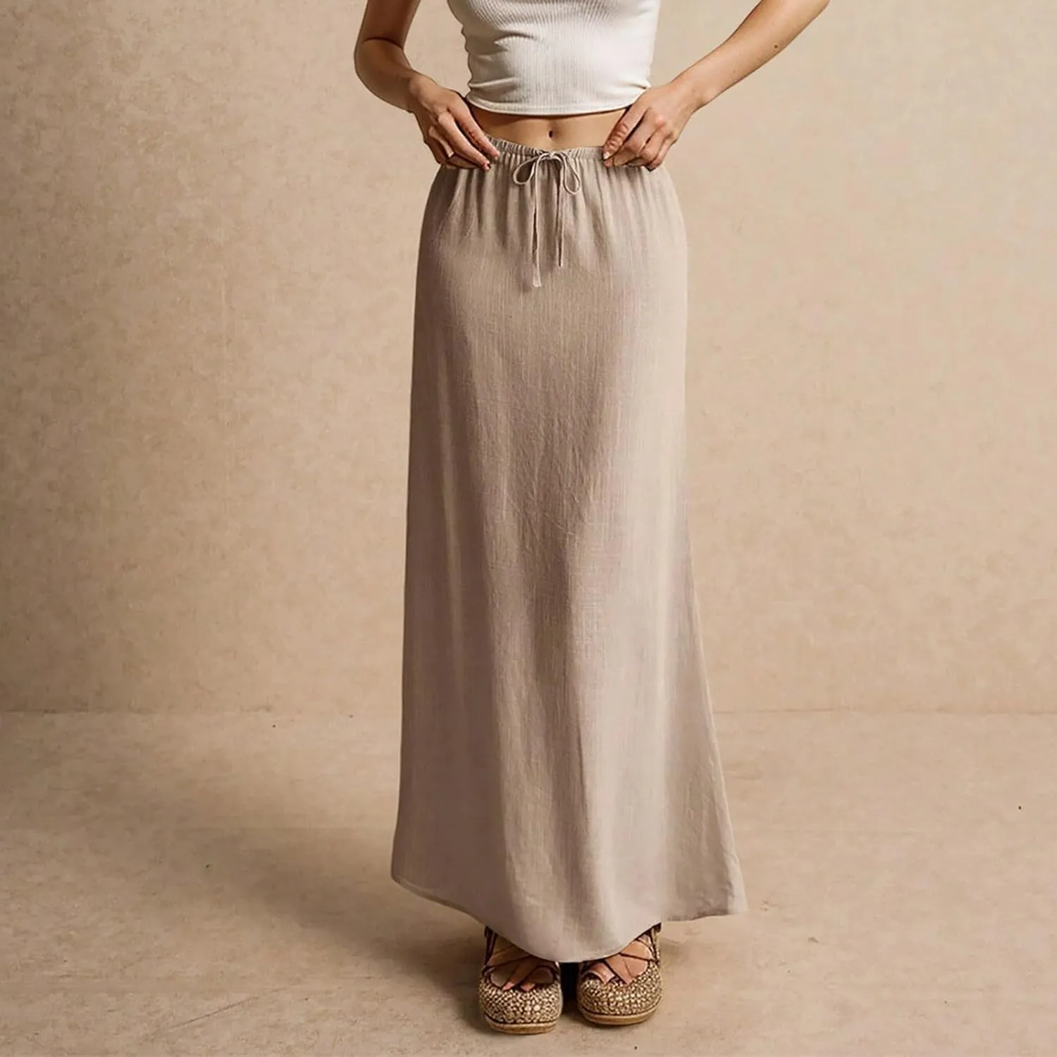 Linen Maxi Skirt for Women Trendy Summer Boho Flowy Drawstring A Line Skirts High Waisted Long Wrap Skirt