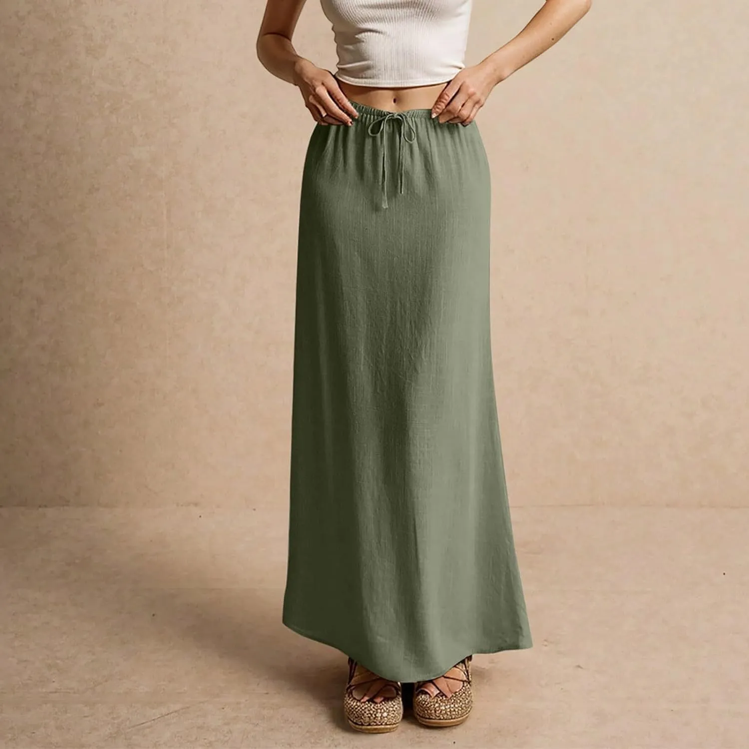 Linen Maxi Skirt for Women Trendy Summer Boho Flowy Drawstring A Line Skirts High Waisted Long Wrap Skirt