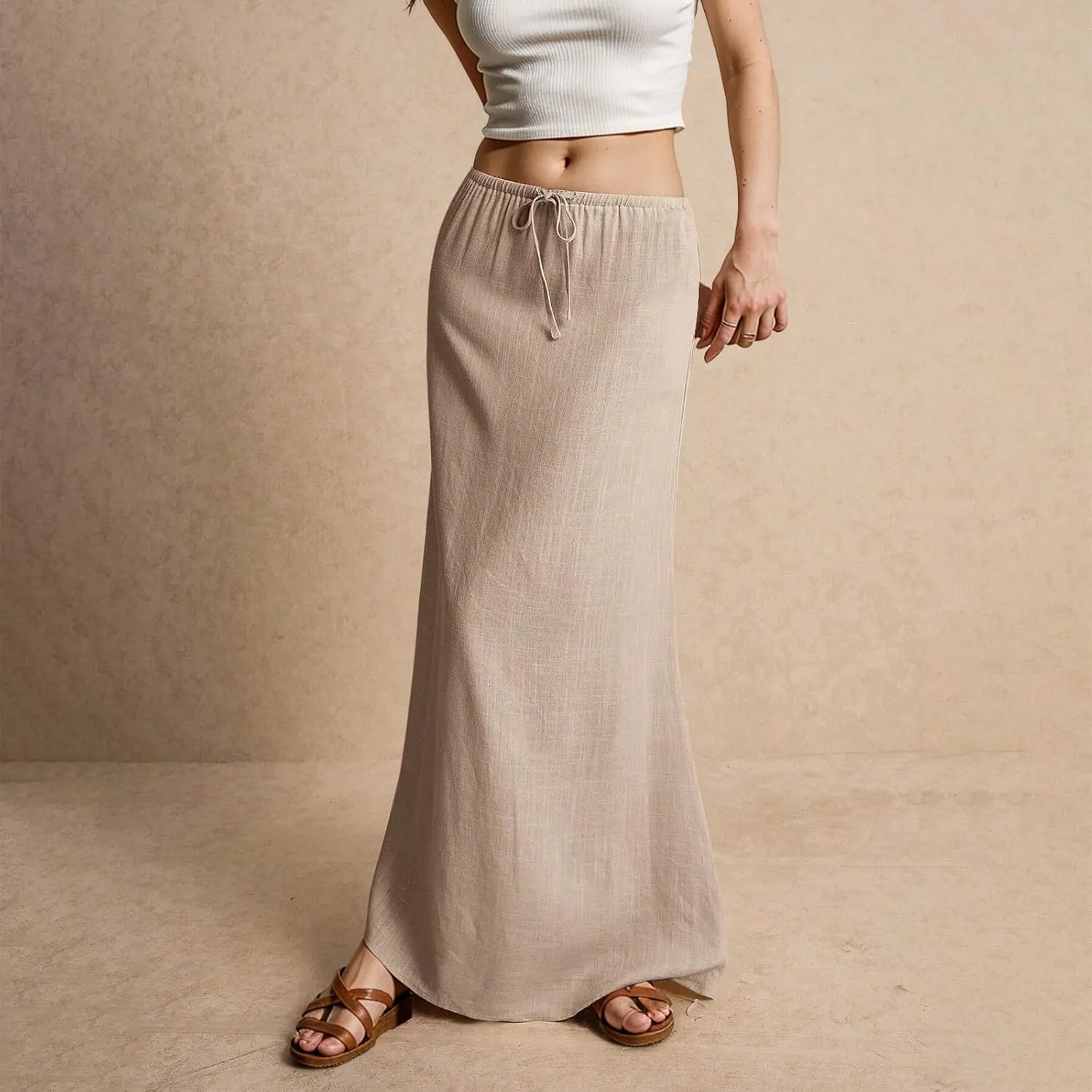 Linen Maxi Skirt for Women Trendy Summer Boho Flowy Drawstring A Line Skirts High Waisted Long Wrap Skirt