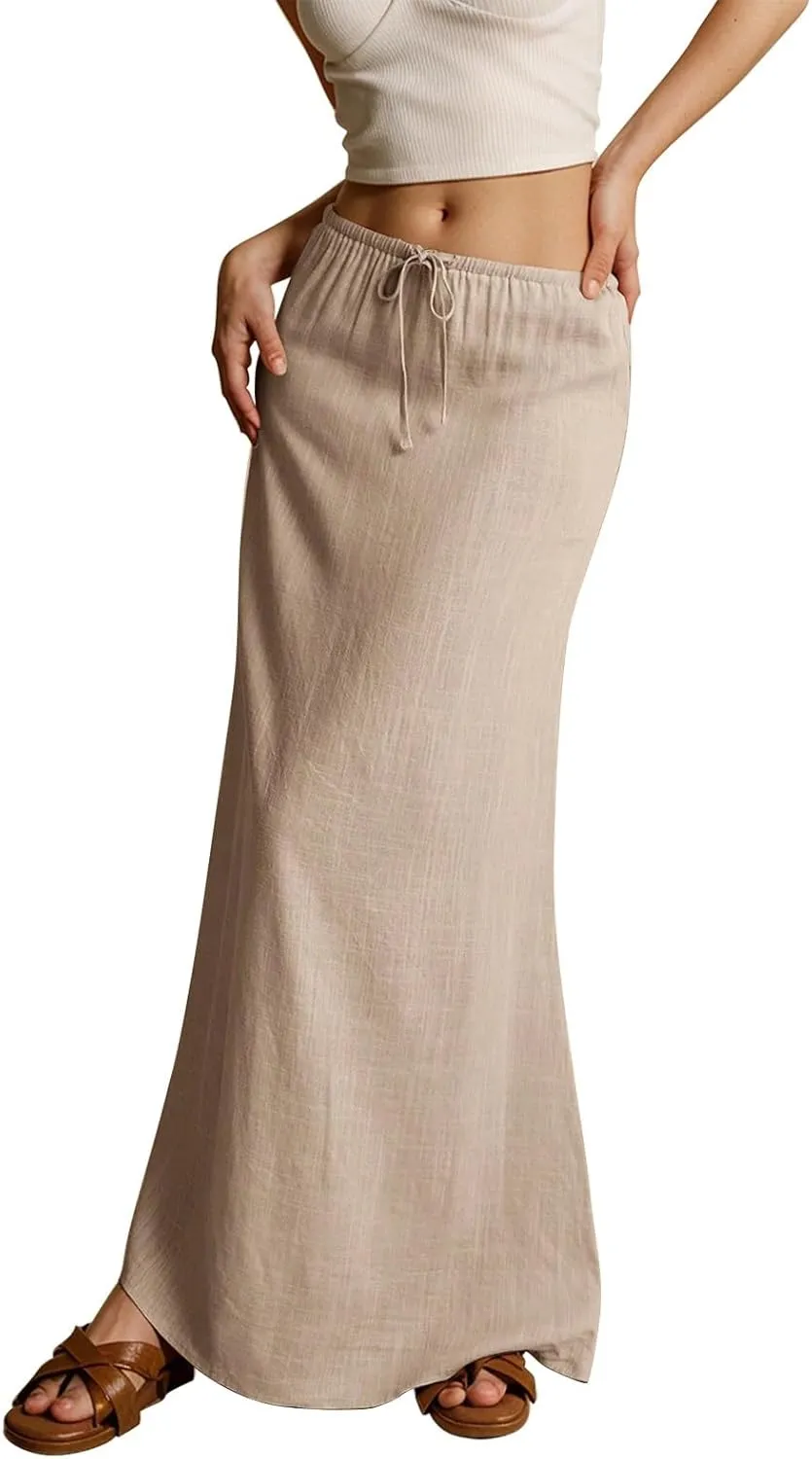 Linen Maxi Skirt for Women Trendy Summer Boho Flowy Drawstring A Line Skirts High Waisted Long Wrap Skirt