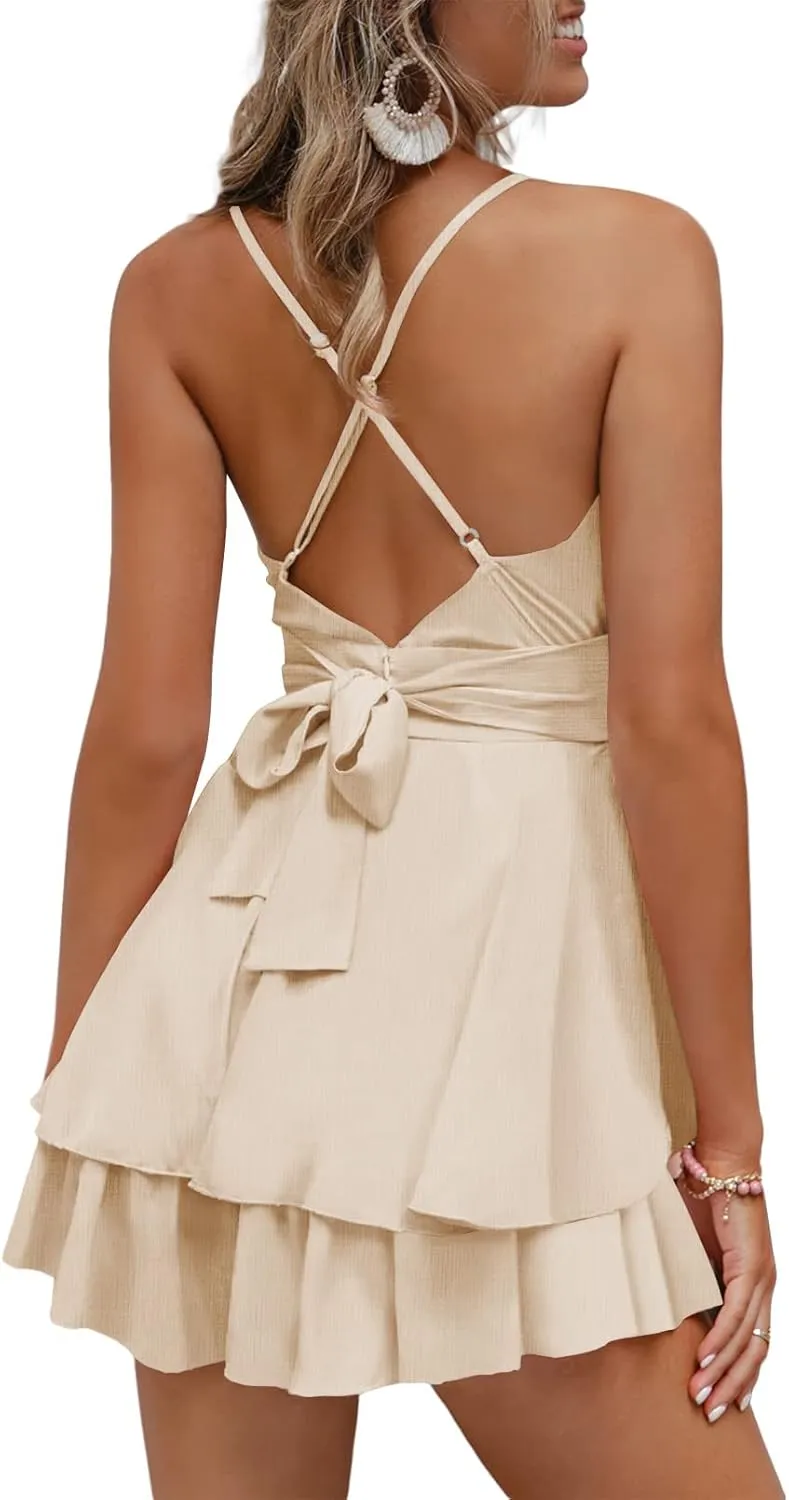 Linsery Women Spaghetti Strap V Neck Shorts Romper Ruffle Chiffon Mini Jumpsuit Backless Playsuit