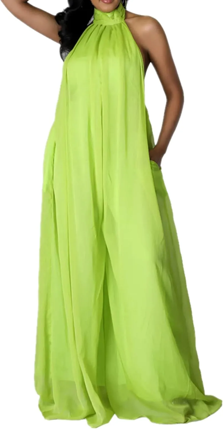 Lisa Colly Women's Sexy Casual Clubwear Wide Leg Jumpsuits Halter Sleeveless Party Chiffon Pants Long Rompers