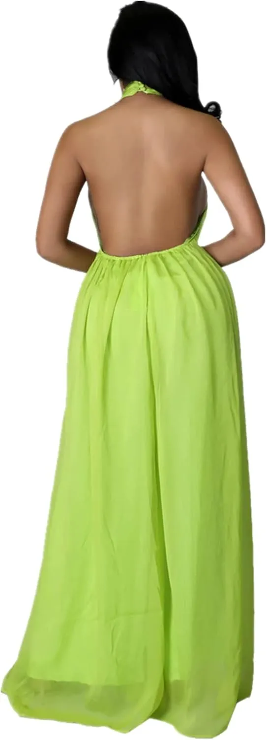 Lisa Colly Women's Sexy Casual Clubwear Wide Leg Jumpsuits Halter Sleeveless Party Chiffon Pants Long Rompers