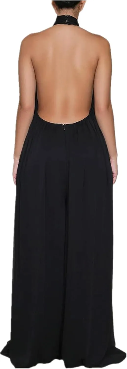 Lisa Colly Women's Sexy Casual Clubwear Wide Leg Jumpsuits Halter Sleeveless Party Chiffon Pants Long Rompers