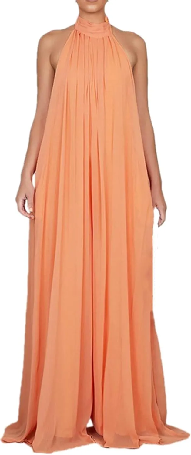 Lisa Colly Women's Sexy Casual Clubwear Wide Leg Jumpsuits Halter Sleeveless Party Chiffon Pants Long Rompers