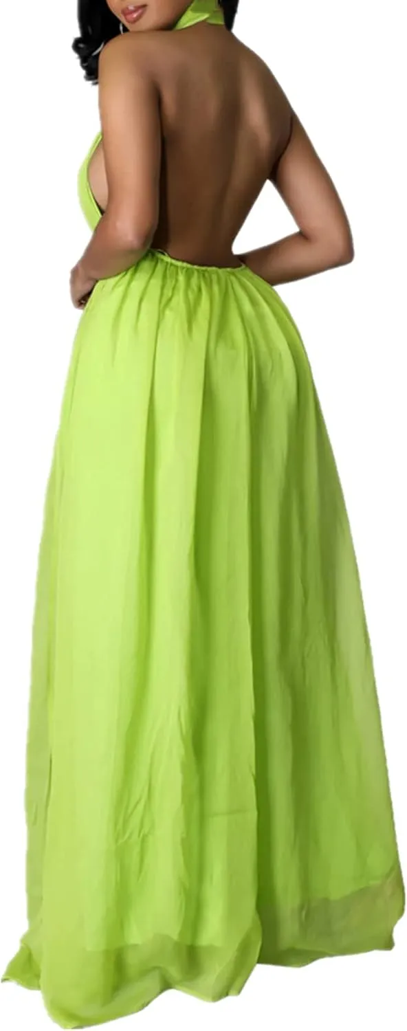 Lisa Colly Women's Sexy Casual Clubwear Wide Leg Jumpsuits Halter Sleeveless Party Chiffon Pants Long Rompers