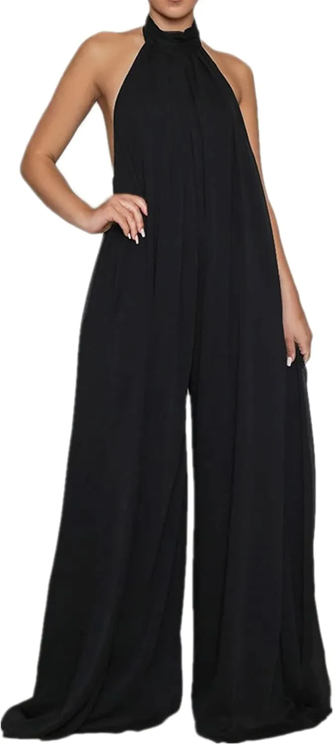 Lisa Colly Women's Sexy Casual Clubwear Wide Leg Jumpsuits Halter Sleeveless Party Chiffon Pants Long Rompers