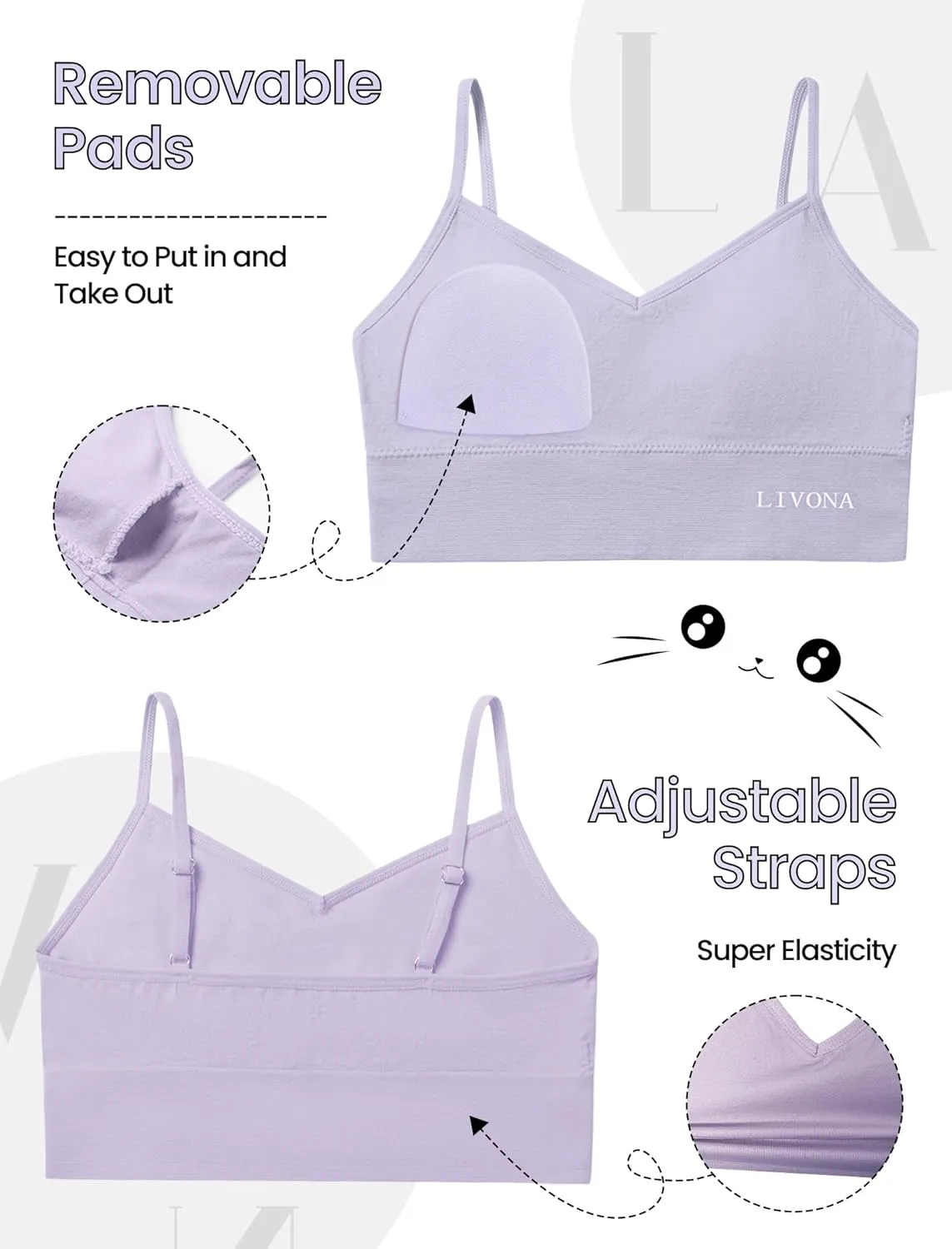 Livona 6 Pack Sports Bras for Girls - Padded, Crop Cami Tank Top (6-14)