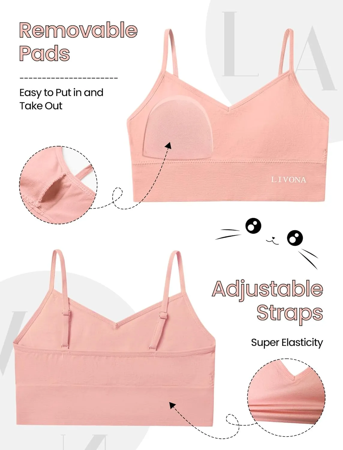 Livona 6 Pack Sports Bras for Girls - Padded, Crop Cami Tank Top (6-14)