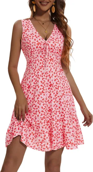 LOLOCCI Women Cute Flowy Mini V Neck Floral Sundresses Sleeveless Vacation Summer Dress for Teens Milkmaid Easter with Pocket