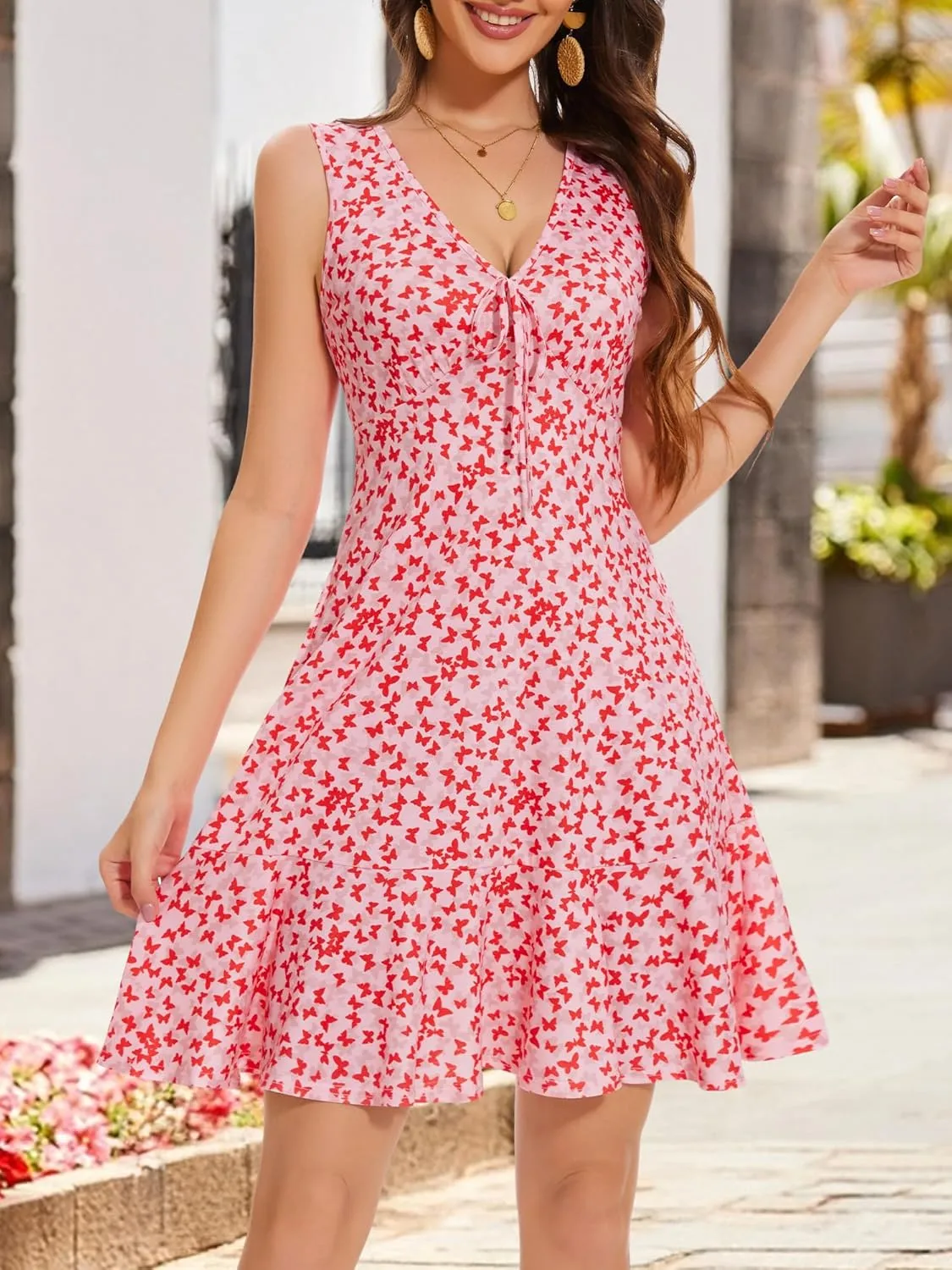 LOLOCCI Women Cute Flowy Mini V Neck Floral Sundresses Sleeveless Vacation Summer Dress for Teens Milkmaid Easter with Pocket