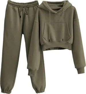 LTSCNRM Women's 2 Piece Airport Outfits Fleece Crop Hoodies Pullover Sweatshirt Sweatsuits Joggers Pants Pockets