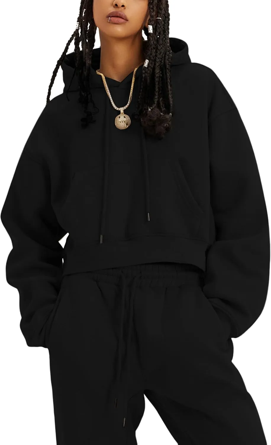 LTSCNRM Women's 2 Piece Airport Outfits Fleece Crop Hoodies Pullover Sweatshirt Sweatsuits Joggers Pants Pockets