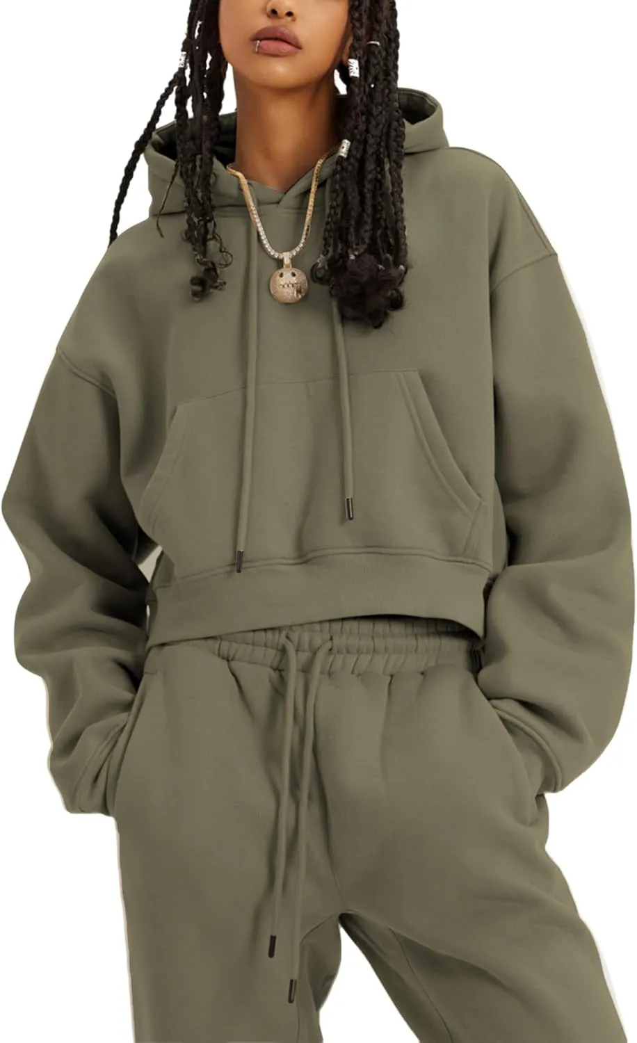 LTSCNRM Women's 2 Piece Airport Outfits Fleece Crop Hoodies Pullover Sweatshirt Sweatsuits Joggers Pants Pockets