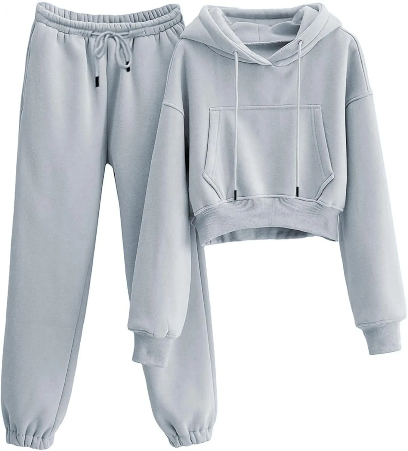 LTSCNRM Women's 2 Piece Airport Outfits Fleece Crop Hoodies Pullover Sweatshirt Sweatsuits Joggers Pants Pockets