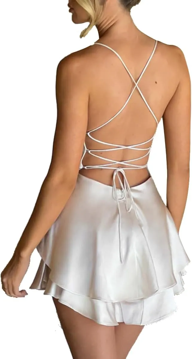 LuFeng Women's Elegant Satin A-line Summer Sleevesless Rompers Bandage Back Spaghetti Strape Tiered Mini Dress Jumpsuits