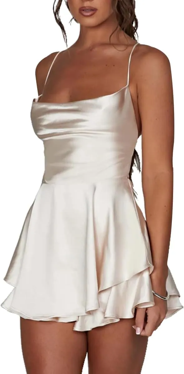 LuFeng Women's Elegant Satin A-line Summer Sleevesless Rompers Bandage Back Spaghetti Strape Tiered Mini Dress Jumpsuits