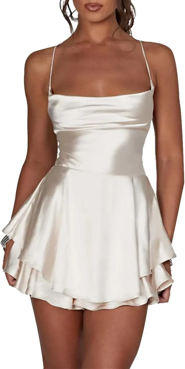 LuFeng Women's Elegant Satin A-line Summer Sleevesless Rompers Bandage Back Spaghetti Strape Tiered Mini Dress Jumpsuits