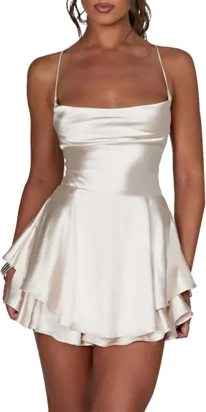 LuFeng Women's Elegant Satin A-line Summer Sleevesless Rompers Bandage Back Spaghetti Strape Tiered Mini Dress Jumpsuits