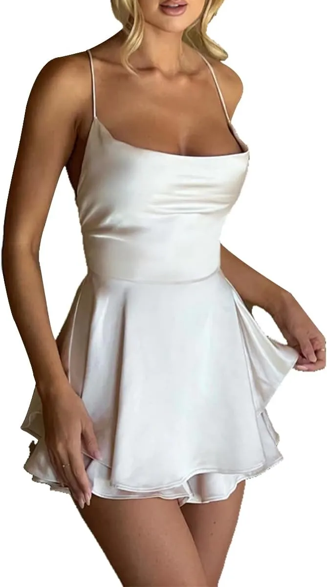 LuFeng Women's Elegant Satin A-line Summer Sleevesless Rompers Bandage Back Spaghetti Strape Tiered Mini Dress Jumpsuits
