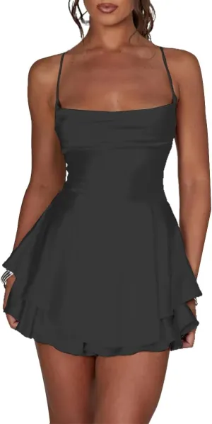 LuFeng Women's Elegant Satin A-line Summer Sleevesless Rompers Bandage Back Spaghetti Strape Tiered Mini Dress Jumpsuits