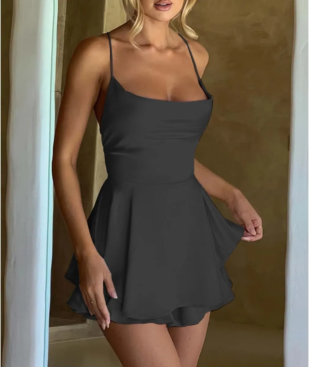 LuFeng Women's Elegant Satin A-line Summer Sleevesless Rompers Bandage Back Spaghetti Strape Tiered Mini Dress Jumpsuits