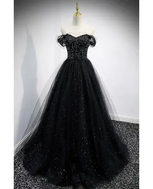 Luolandi Unique sparkling black off shoulder shoulder strap sheer mesh ball dress A-shaped backless strap sheer and floor length evening dress