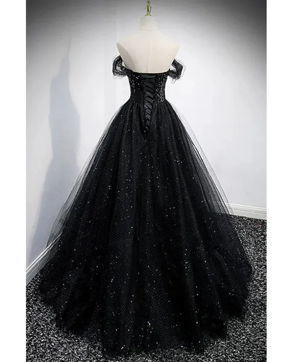 Luolandi Unique sparkling black off shoulder shoulder strap sheer mesh ball dress A-shaped backless strap sheer and floor length evening dress