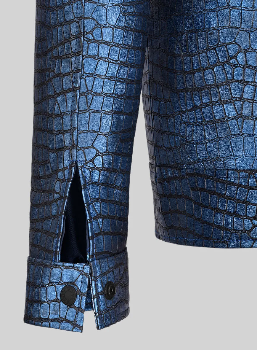 Lustrous Croc Metallic Blue Leather Jacket