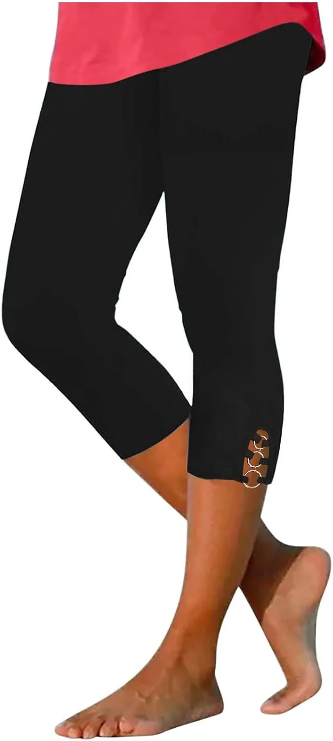 maisdgop Women's Capri Pants Tummy Control Knee Length Yoga Leggings Casual Sexy Solid Cutout High Waisted Cropped Pant