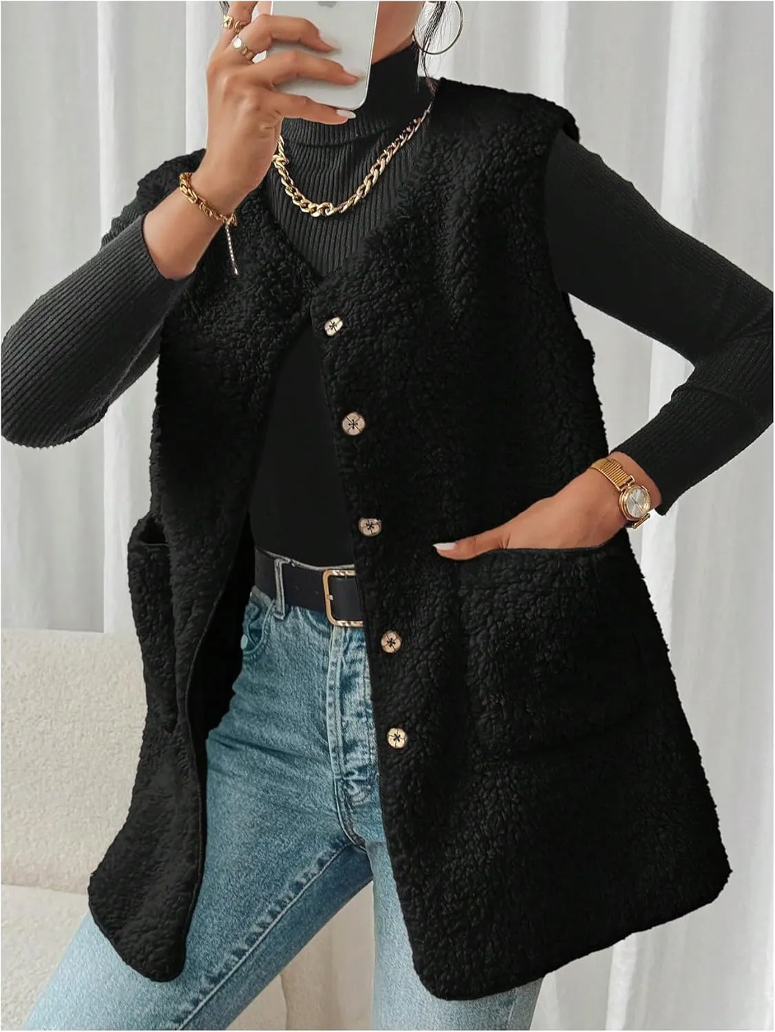 MakeMeChic Women's Button Down Fleece Vest Jacket V Neck Sleeveless Pocket Vest Top Coat Jackets