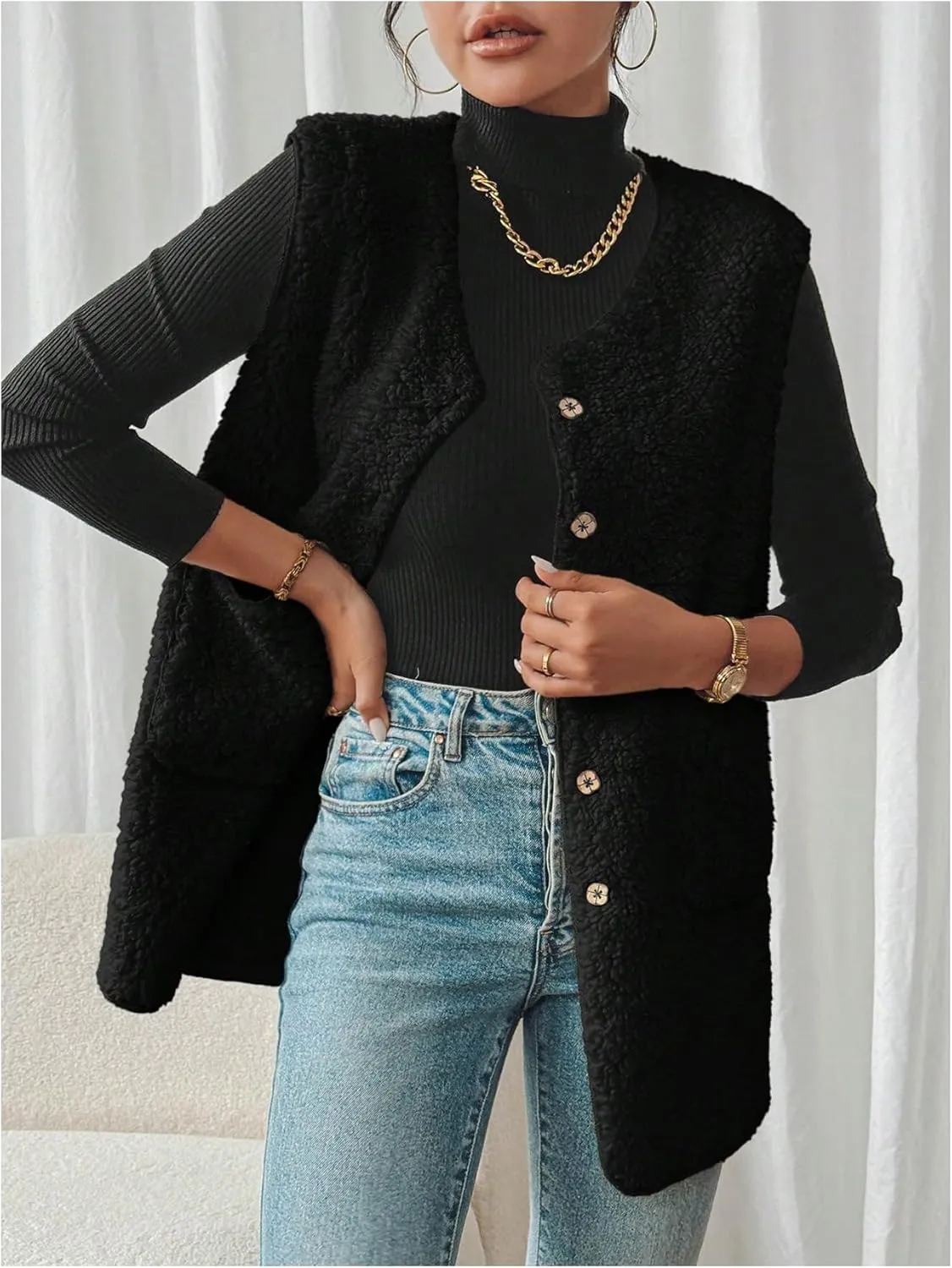 MakeMeChic Women's Button Down Fleece Vest Jacket V Neck Sleeveless Pocket Vest Top Coat Jackets