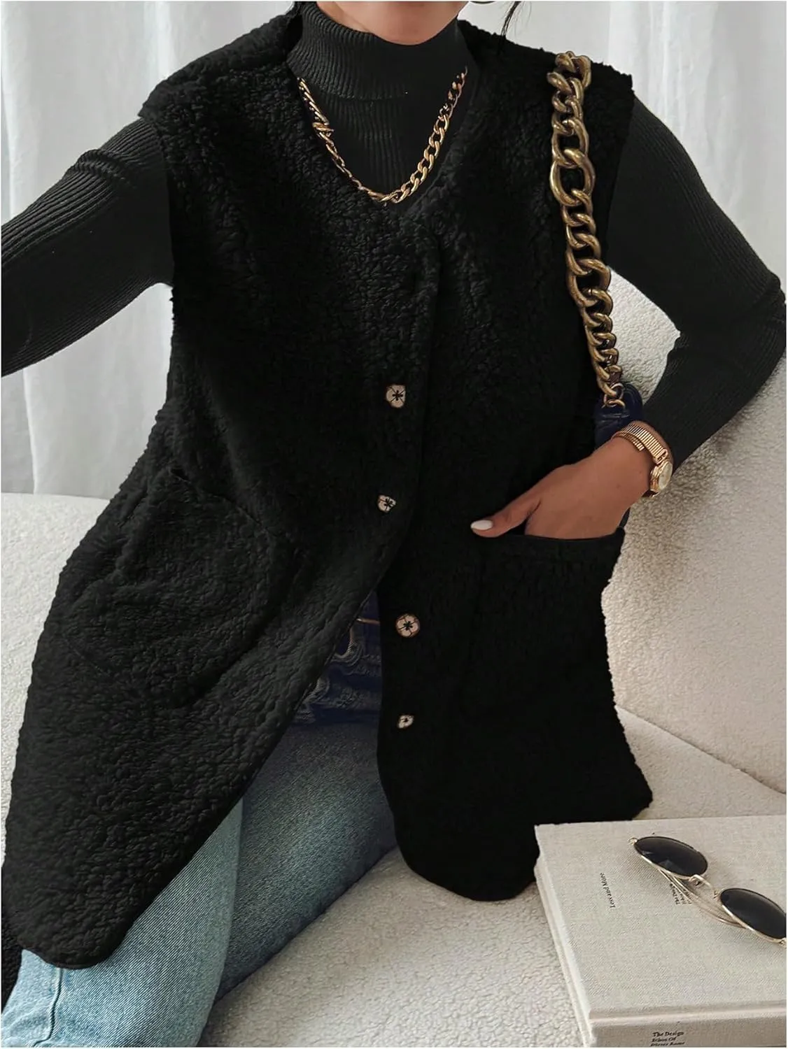 MakeMeChic Women's Button Down Fleece Vest Jacket V Neck Sleeveless Pocket Vest Top Coat Jackets