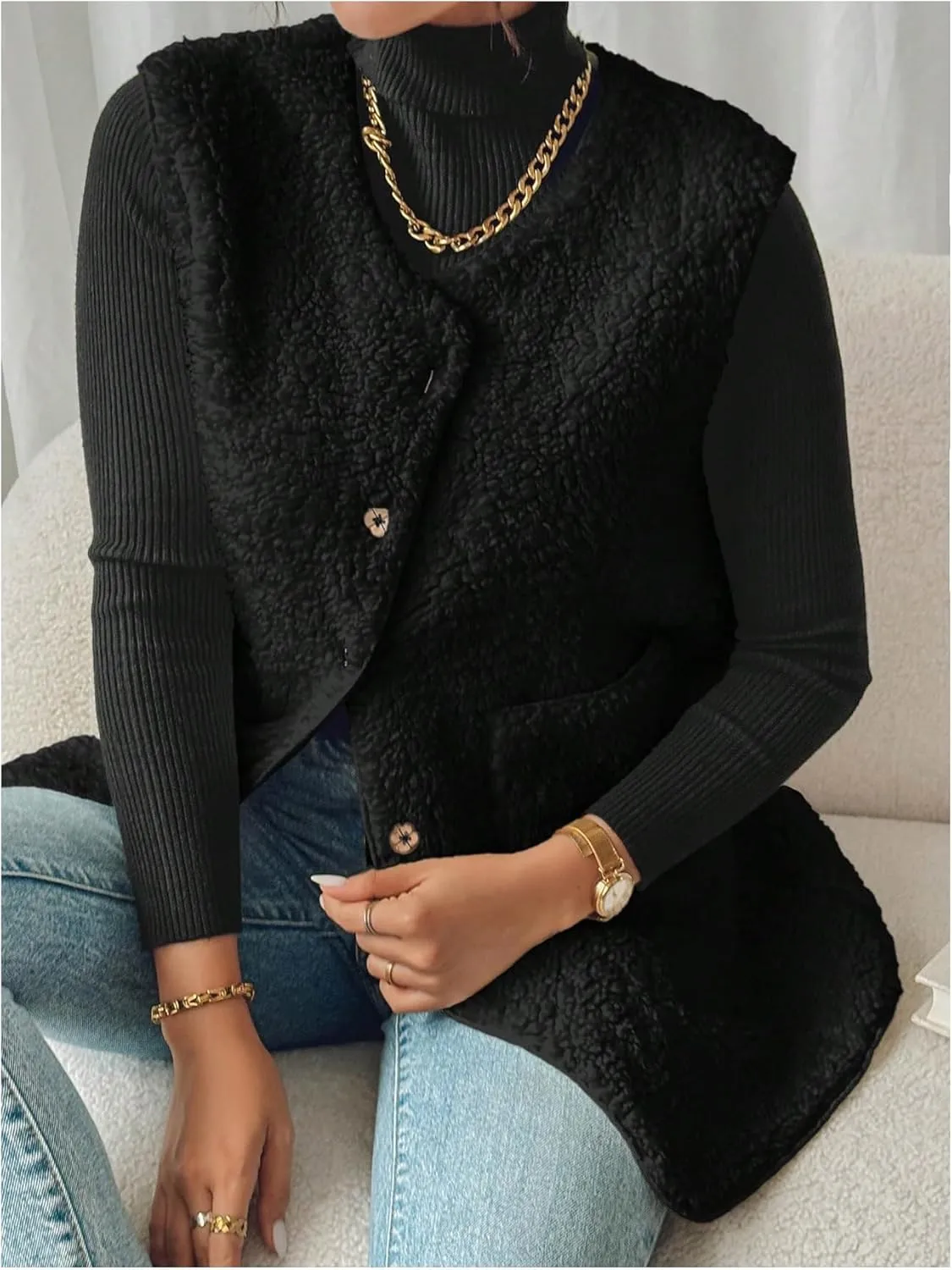 MakeMeChic Women's Button Down Fleece Vest Jacket V Neck Sleeveless Pocket Vest Top Coat Jackets