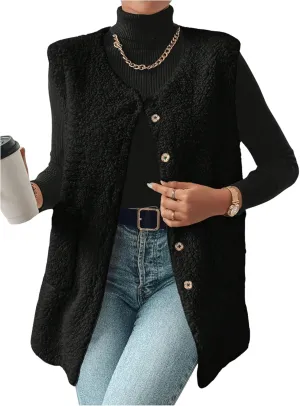 MakeMeChic Women's Button Down Fleece Vest Jacket V Neck Sleeveless Pocket Vest Top Coat Jackets