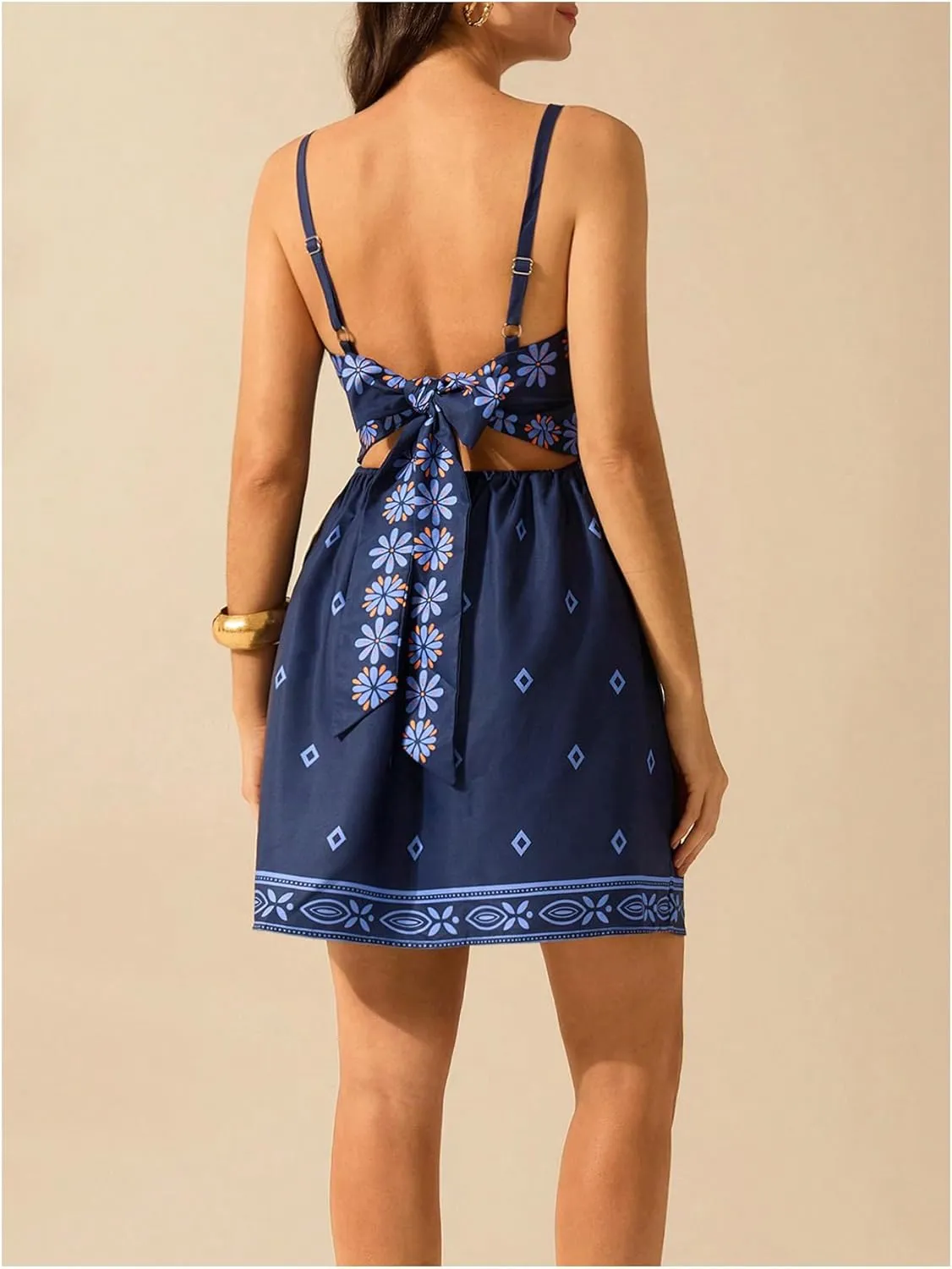 MakeMeChic Women's Floral Boho Dress Sleeveless Vacation Mini Short Dress Tie Backless Sundress