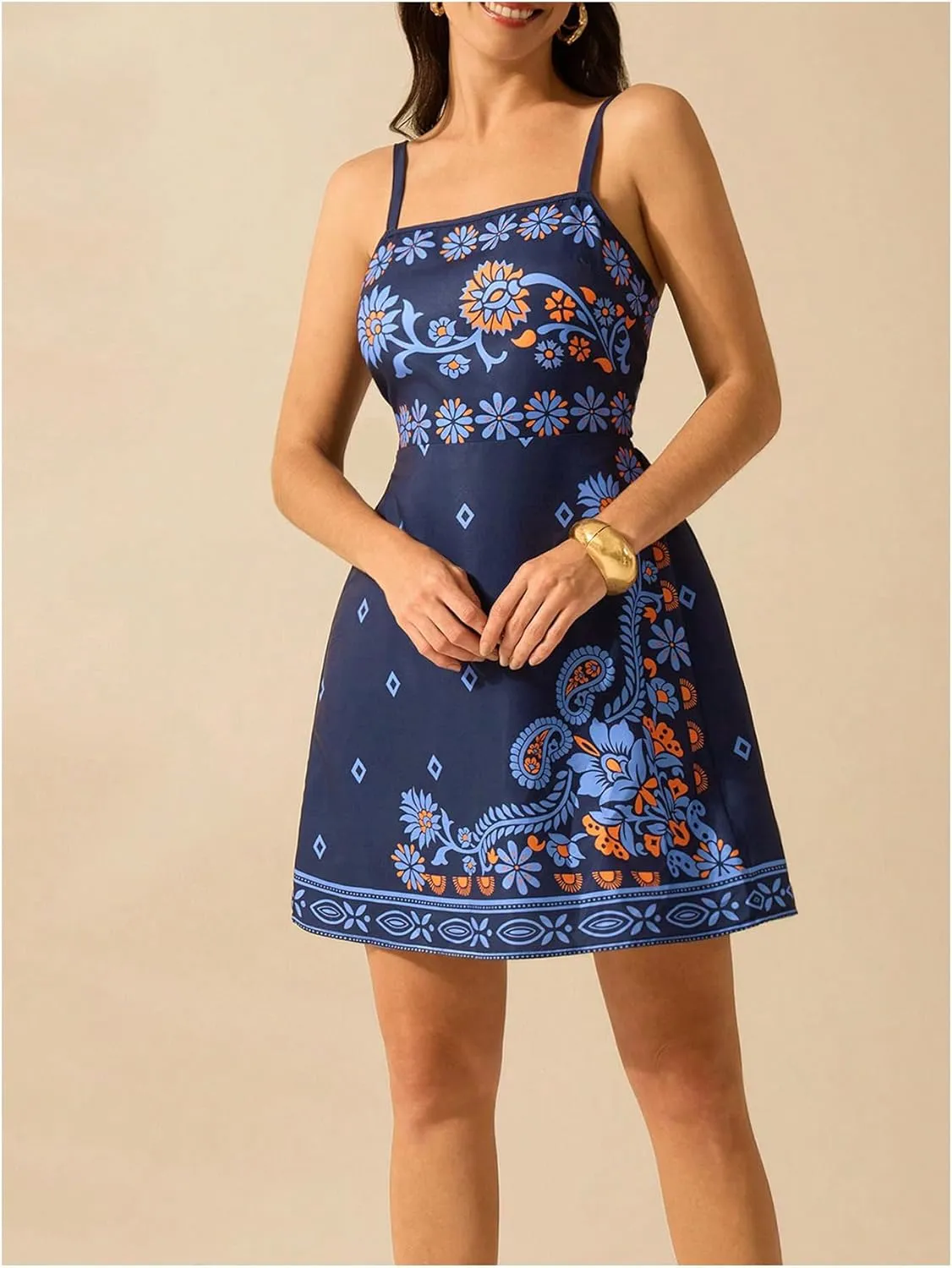 MakeMeChic Women's Floral Boho Dress Sleeveless Vacation Mini Short Dress Tie Backless Sundress