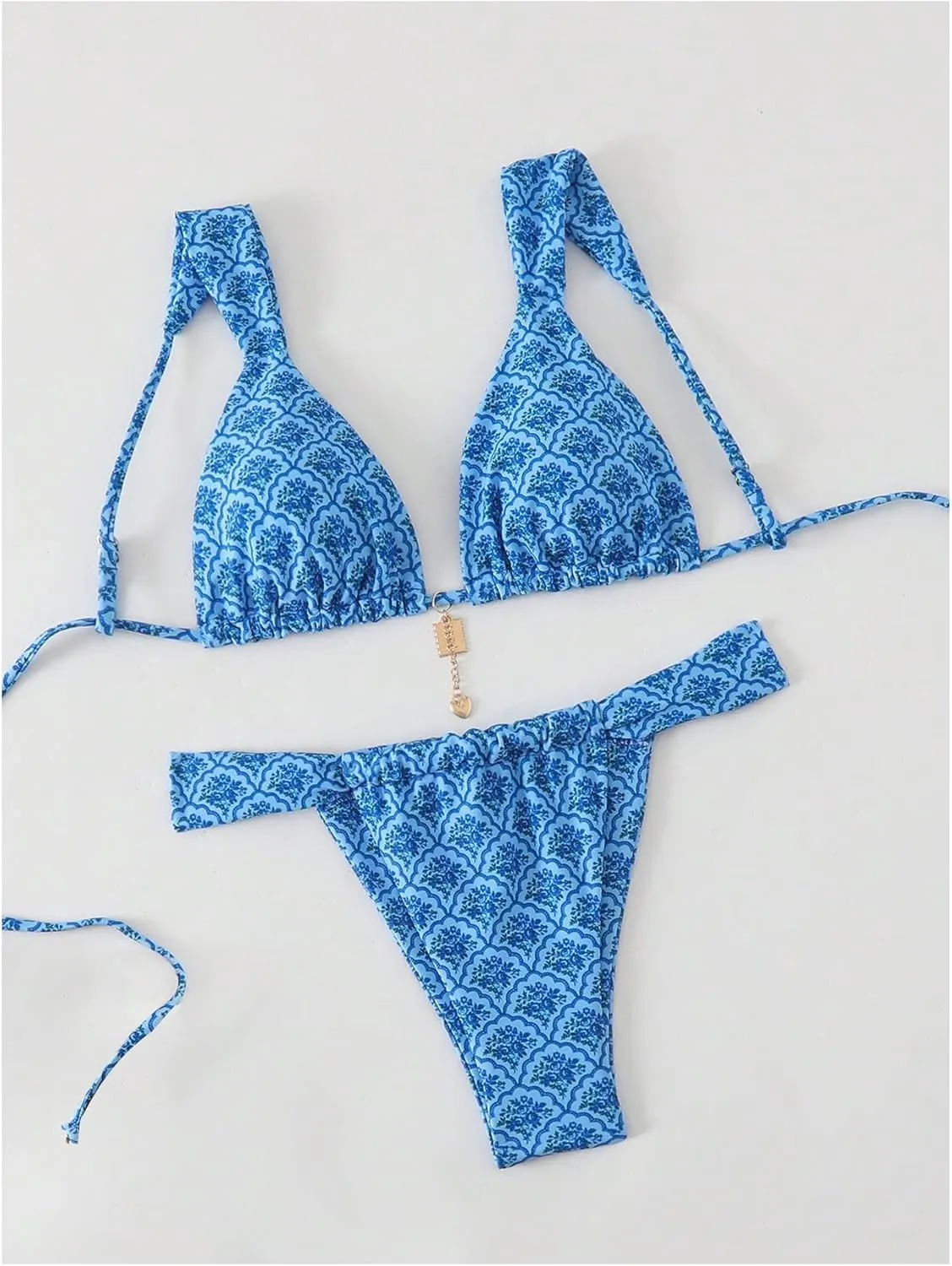 MakeMeChic Women's Floral Print 2 Piece Bikini Sets Tie Back Triangle Thong Bathing Suit Swimsuit