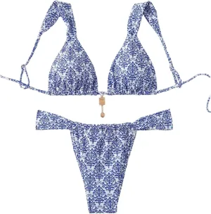 MakeMeChic Women's Floral Print 2 Piece Bikini Sets Tie Back Triangle Thong Bathing Suit Swimsuit