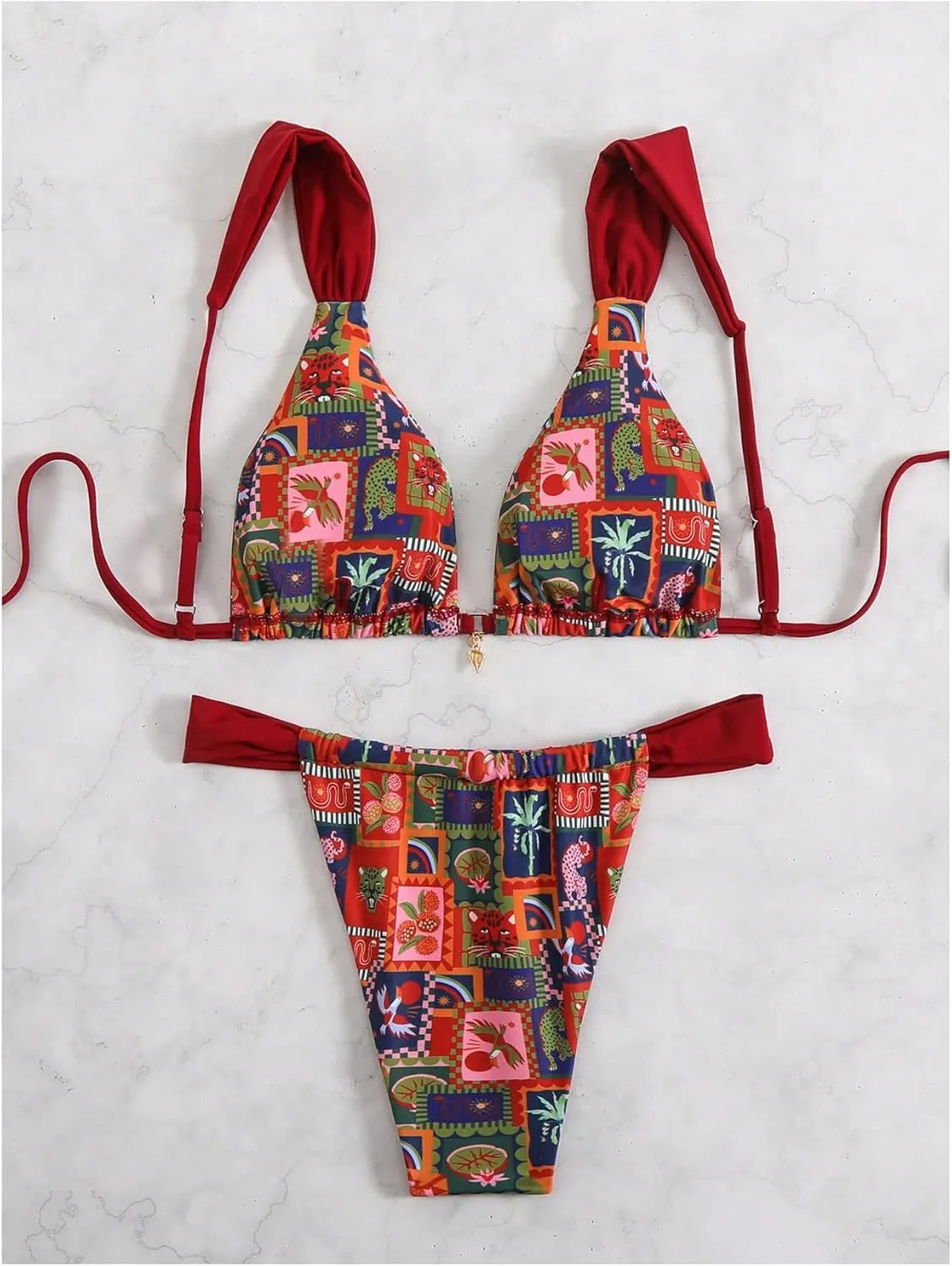 MakeMeChic Women's Floral Print 2 Piece Bikini Sets Tie Back Triangle Thong Bathing Suit Swimsuit