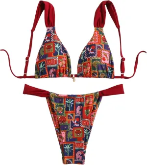 MakeMeChic Women's Floral Print 2 Piece Bikini Sets Tie Back Triangle Thong Bathing Suit Swimsuit