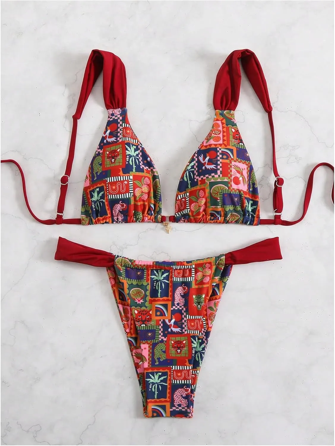 MakeMeChic Women's Floral Print 2 Piece Bikini Sets Tie Back Triangle Thong Bathing Suit Swimsuit