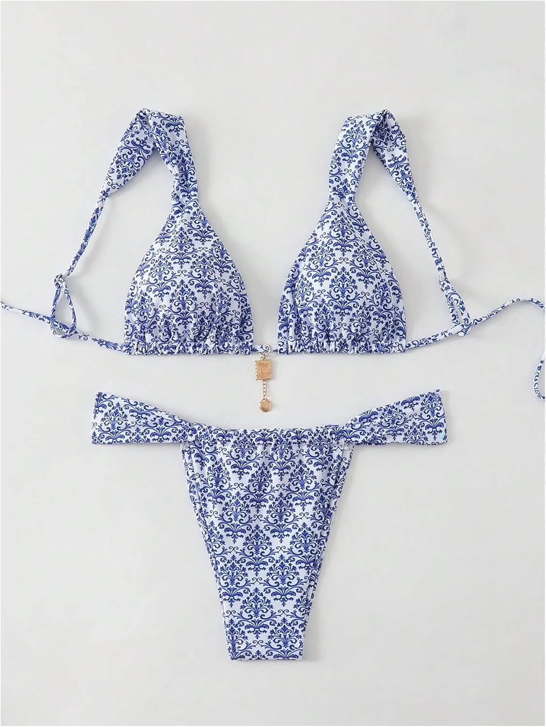 MakeMeChic Women's Floral Print 2 Piece Bikini Sets Tie Back Triangle Thong Bathing Suit Swimsuit