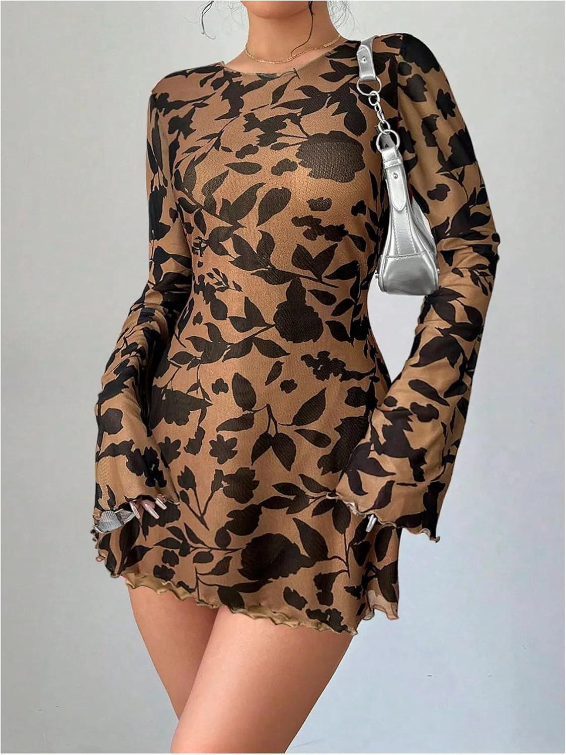 MakeMeChic Women's Floral Print Long Sleeve Mini Dress Mesh Backless Y2k Going Out Dresses