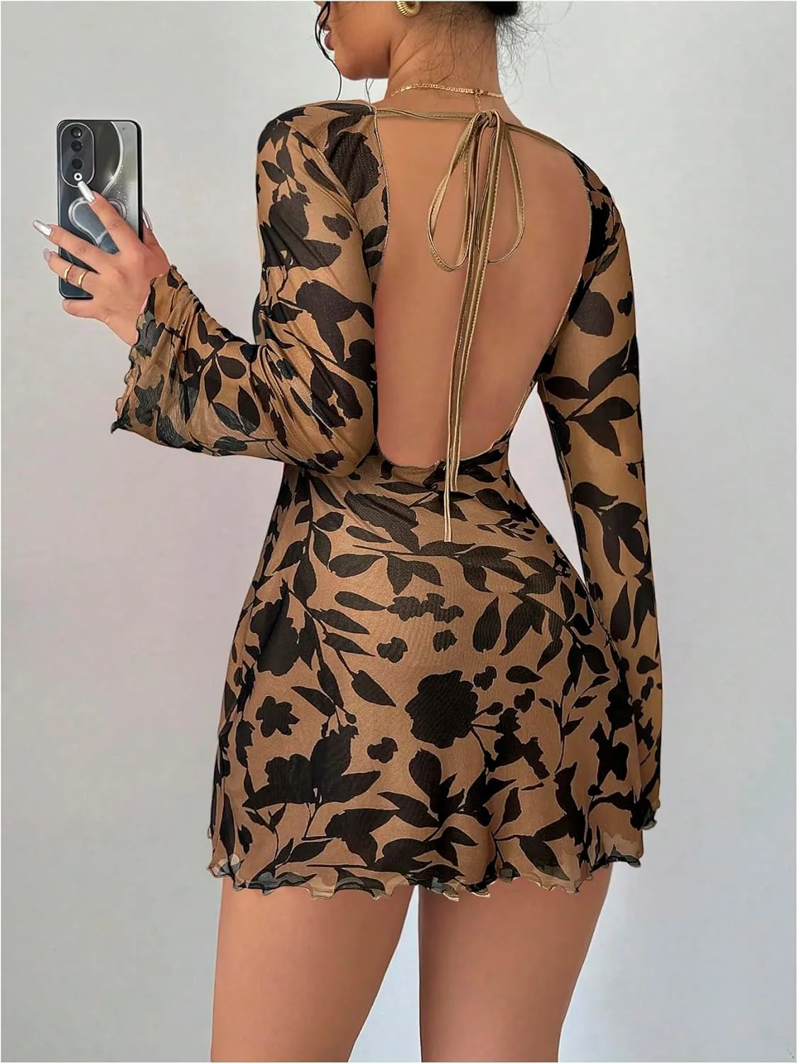 MakeMeChic Women's Floral Print Long Sleeve Mini Dress Mesh Backless Y2k Going Out Dresses